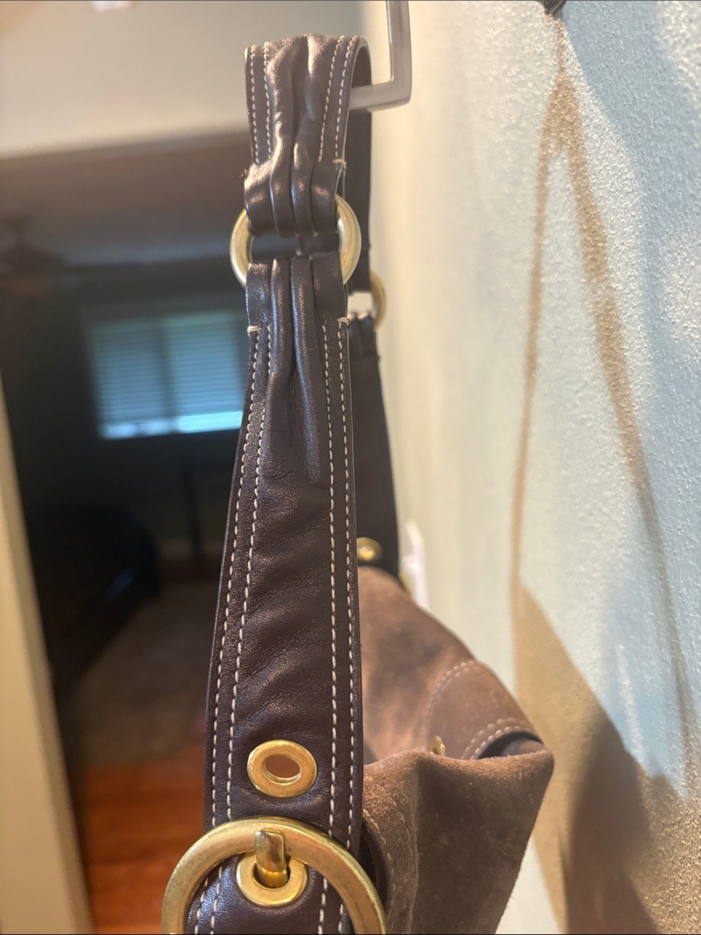Coach Brown Suede Shoulder Bag with Brass Accents - Picture 5 of 9